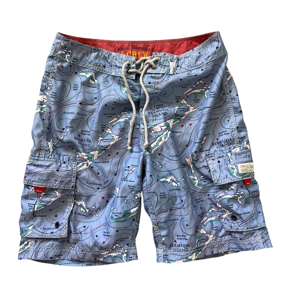 J.Crew Mens Bermuda Map Swim Trunks Size 30 Blue‎ Cargo Utility Board Shorts